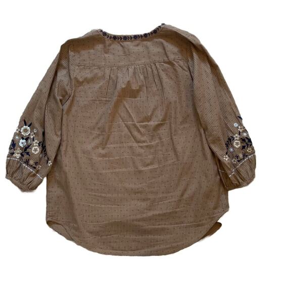 J. Jill Cotton Brown Embroidered Floral Swiss Dot Button Down Peasant Blouse S - Picture 7 of 14